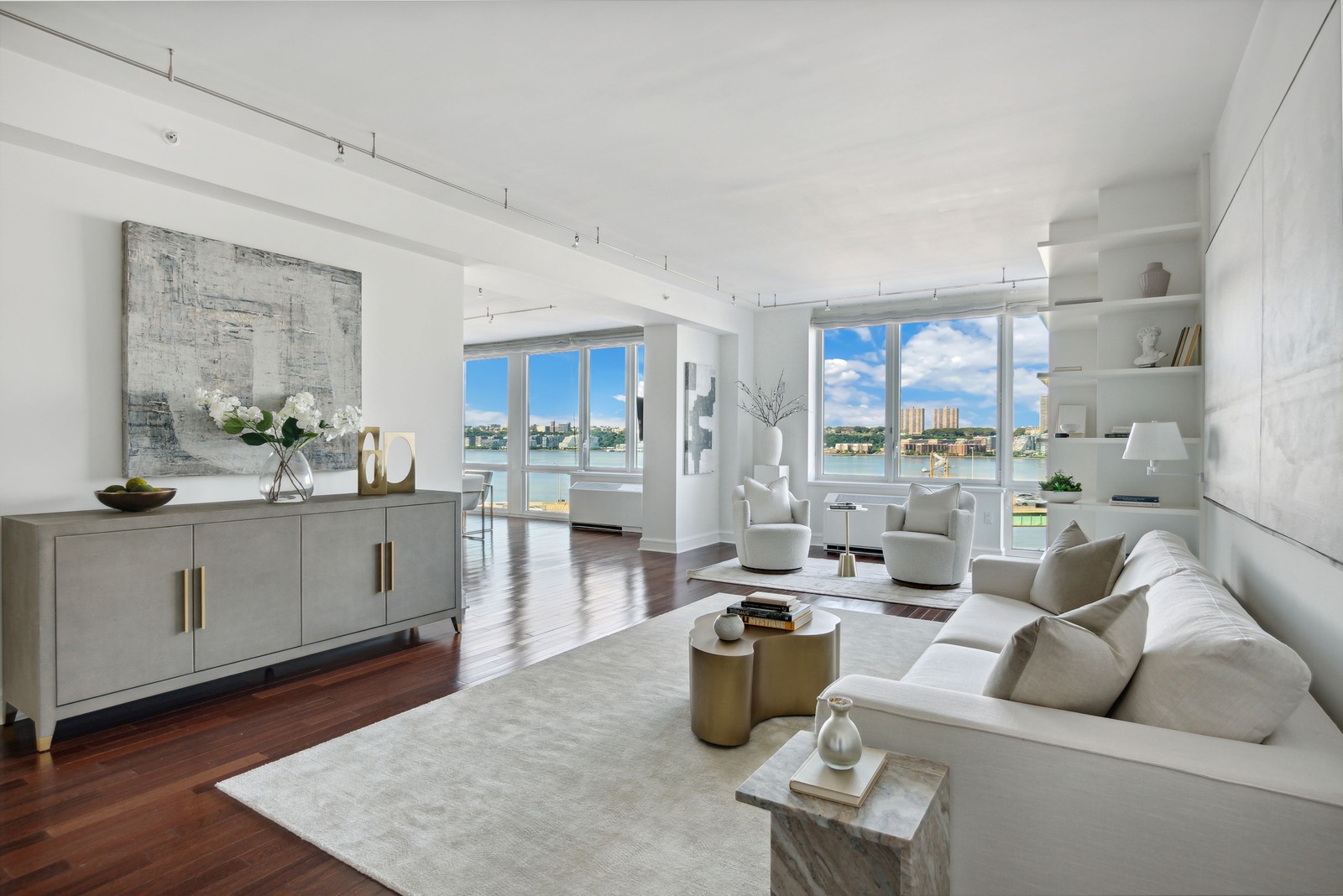 The gleaming, twin-towered Rushmore building at 80 Riverside Boulevard on the Upper West Side is the grand setting for this luxurious Manhattan home.